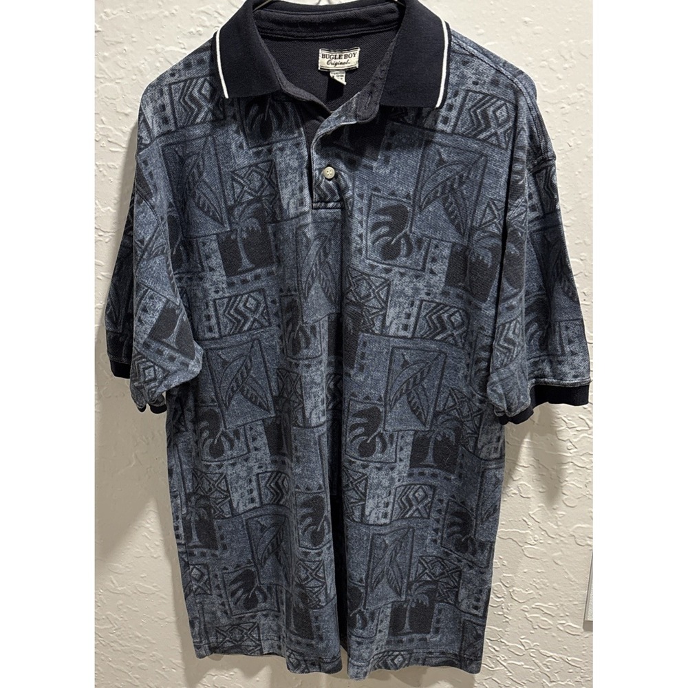 Vtg Y2K Bugle Boy original 90s Geometric Palm Tree Polo navy Cotton Blend M